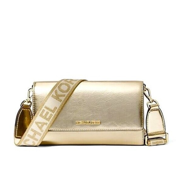 New Michael Kors Jet Set Item Large Wallet Crossbody Metallic Leather Pale Gold - Picture 1 of 4